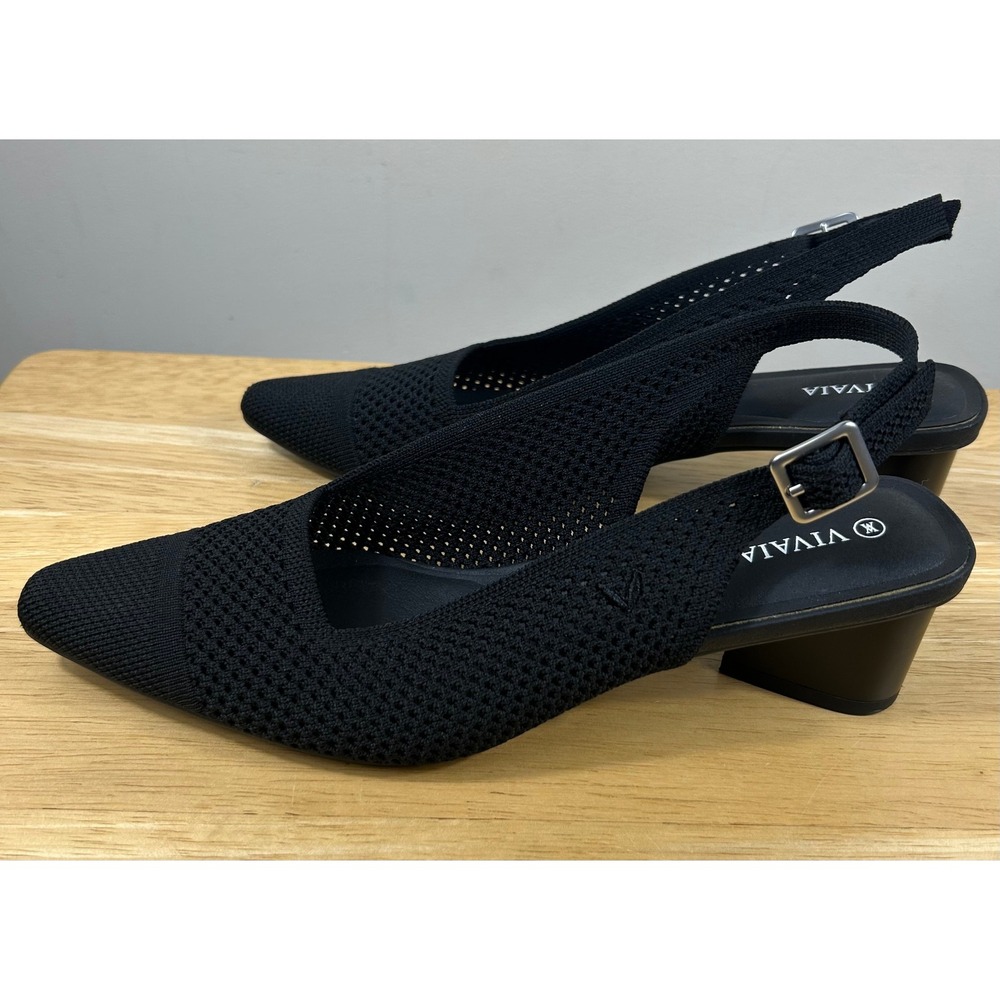 VIVAIA Slingback Pumps Women 39 US8.5 Black Knit Leah Pro Pointed Toe Block Heel - Picture 2 of 12